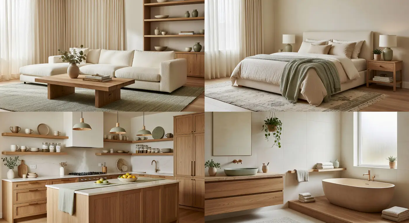 Premium editorial collage of DecorAI room redesigns — living room, bedroom, kitchen and bathroom