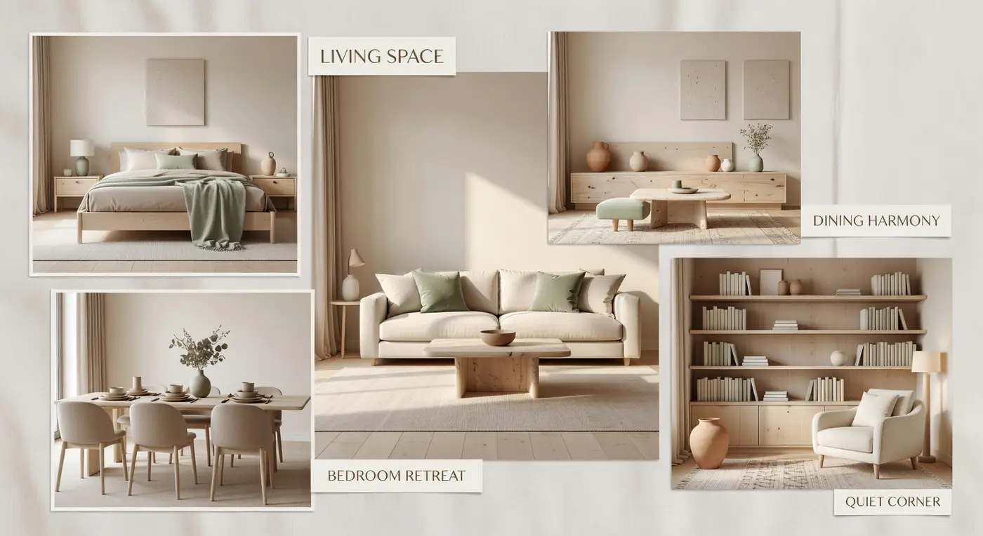 Editorial moodboard of coordinated rooms styled with the DecorAI AI interior design app
